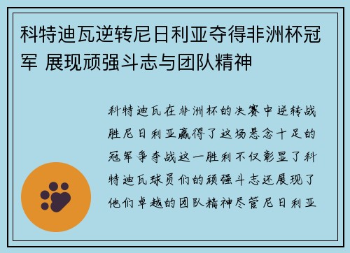 科特迪瓦逆转尼日利亚夺得非洲杯冠军 展现顽强斗志与团队精神 科特迪瓦逆转尼日利亚夺得非洲杯冠军 展现顽强斗志与团队精神
